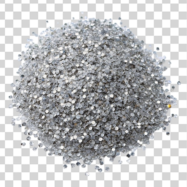 pile of glitter in silver color top view isolated on transparent background