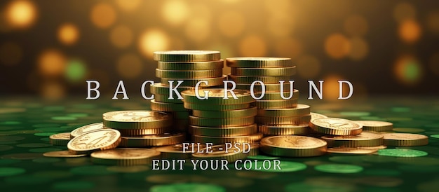 pile of gold coins blur green background