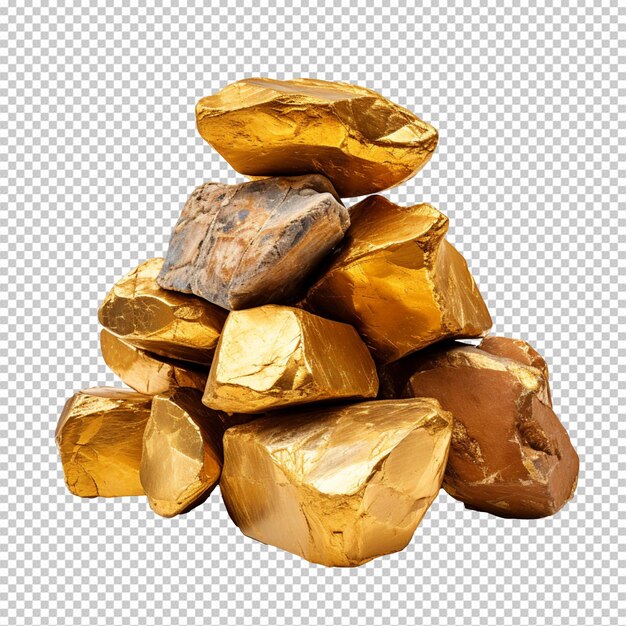 a pile of gold rocks or nuggets isolated on transparent background