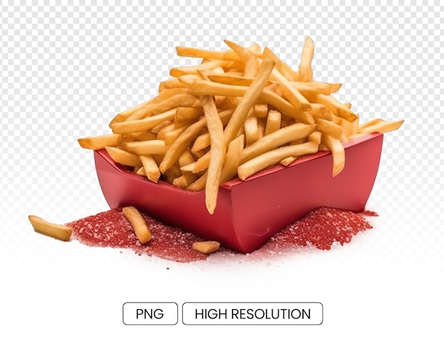 Pile of golden crispy french potatoes and spicy seasoning powder on transparent background