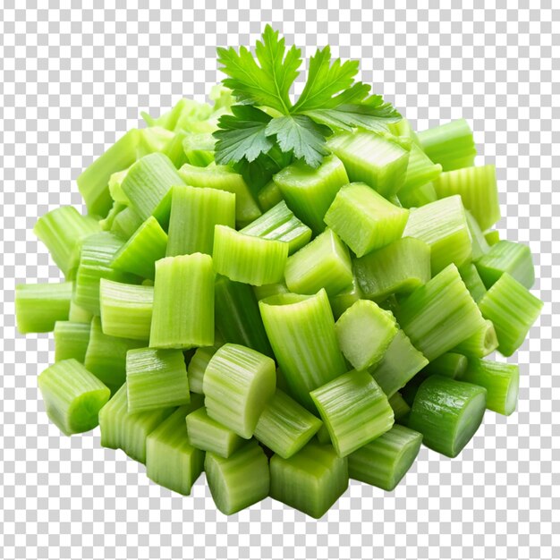 A pile of green celery cubes on transparent background