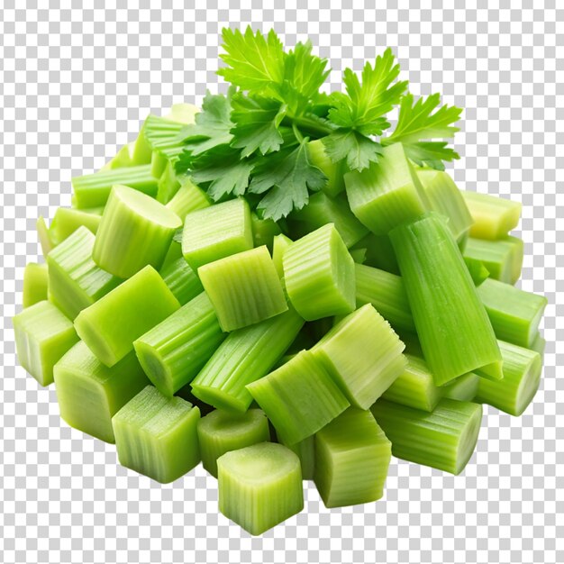 A pile of green celery cubes on transparent background