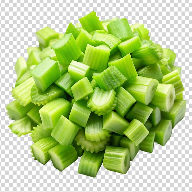 A pile of green celery cubes on transparent background