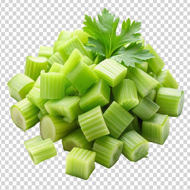 A pile of green celery cubes on transparent background