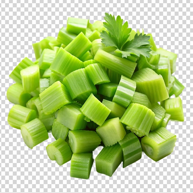 A pile of green celery cubes on transparent background