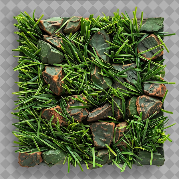 a pile of green grass with a brown and brown stone on it