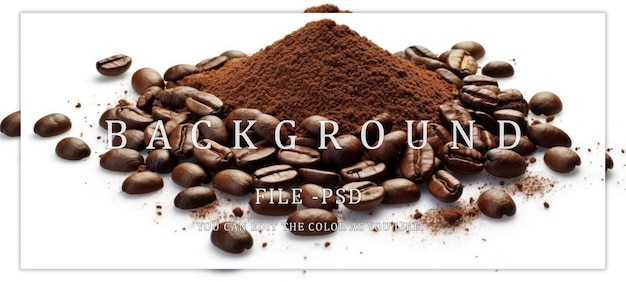 Pile of ground coffee and coffee grains isolated white background