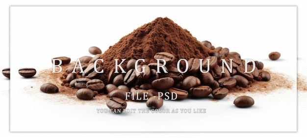 Pile of ground coffee and coffee grains isolated white background