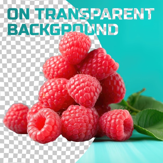 a pile of raspberries with green leaves on a transparent