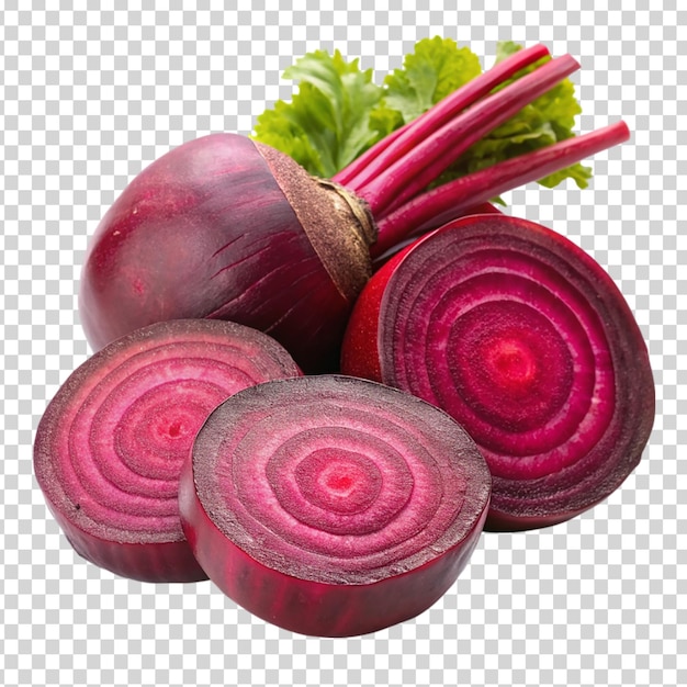 A pile of red beets cut into slices on transparent background