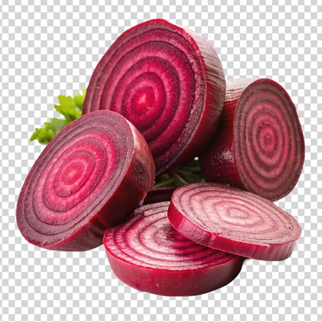 A pile of red beets cut into slices on transparent background