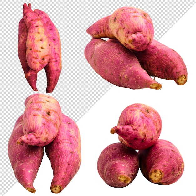 Pile of red sweet potatoes on transparent background