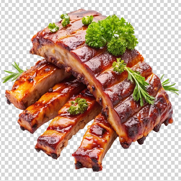 A pile of ribs with a glaze on transparent background