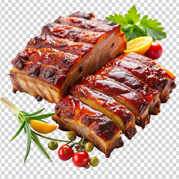 A pile of ribs with a glaze on transparent background