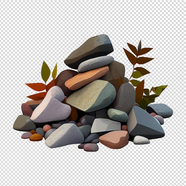 A pile of rocks with leaves and a plant in the middle.