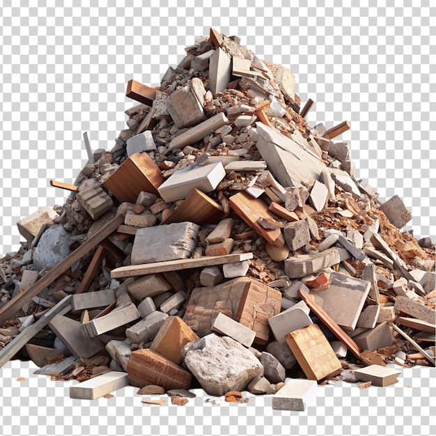 A pile of rubble and debris on transparent background