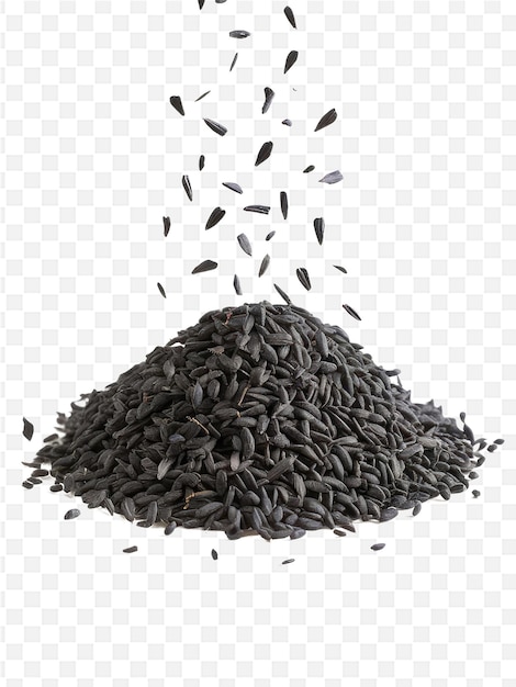 a pile of sunflower seeds with a pyramid of seeds on a white background