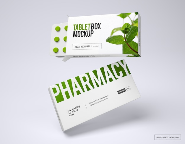 Pill box mockup with loafs of tablets