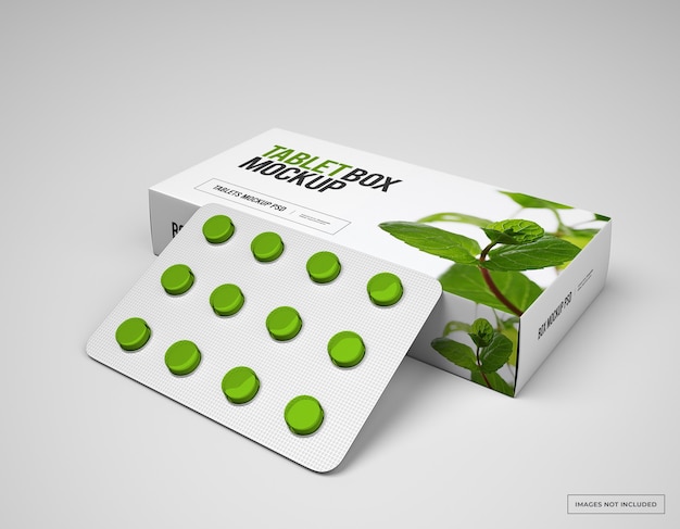 Pill box mockup with loafs of tablets