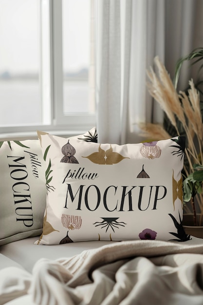 Pillow mockup in bedroom