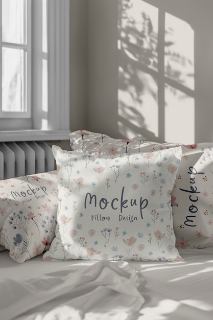 Pillow mockup in bedroom