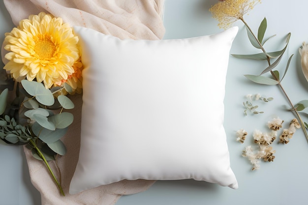 a pillow with a yellow flower on it and a yellow flower in the center