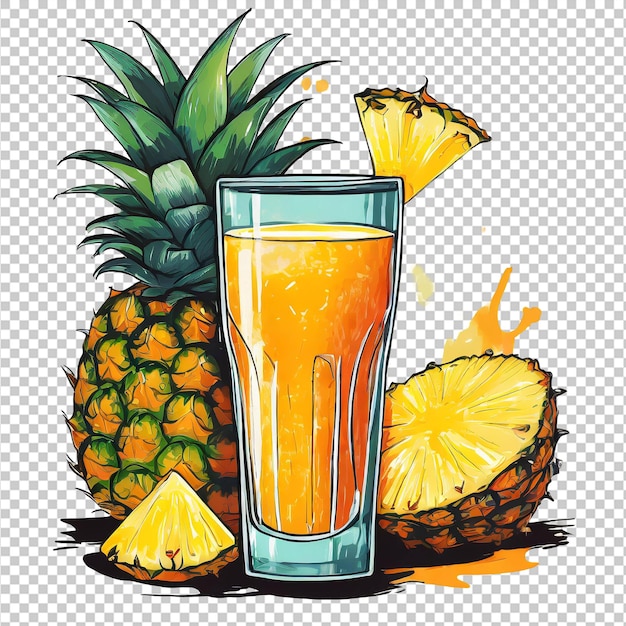 Pineapple juice and slices of pineapple on a transparent