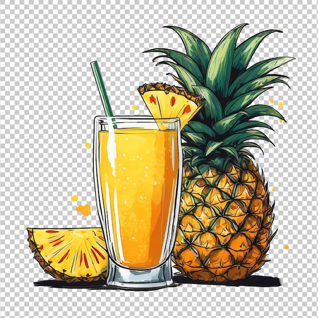 Pineapple juice and slices of pineapple on a transparent