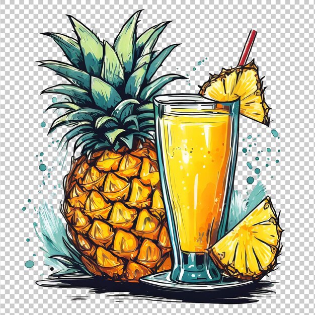 Pineapple juice and slices of pineapple on a transparent