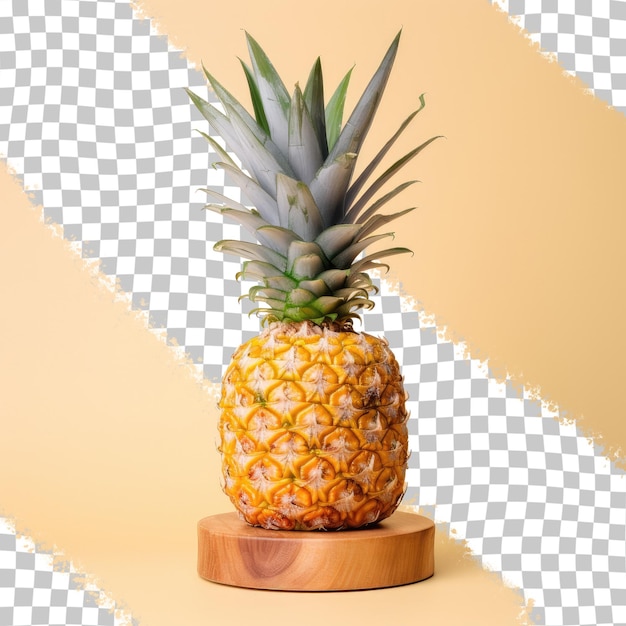 PSD a pineapple sits on a wooden stand with a white background with a yellow background.