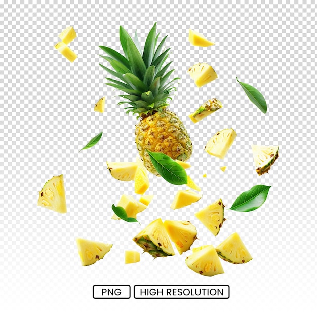 PSD pineapple with slices and leaves flying in the air isolated on white background