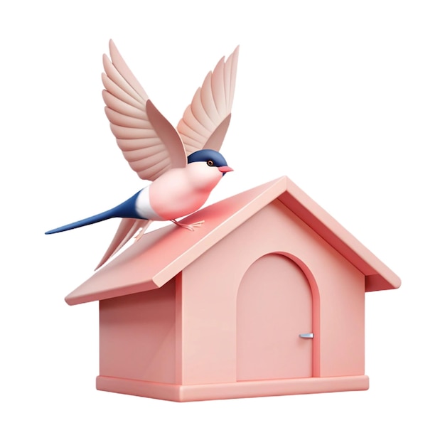 a pink birdhouse with a blue and white bird on its wing