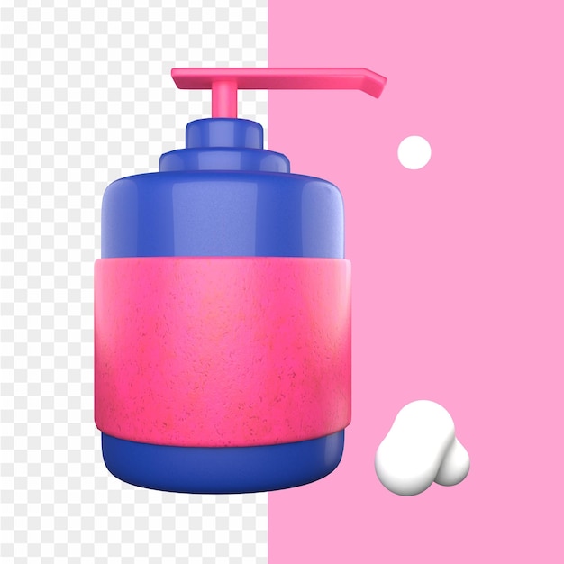 A pink and blue bottle of liquid with a pink background.