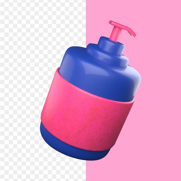 A pink and blue bottle with a pink cap on it