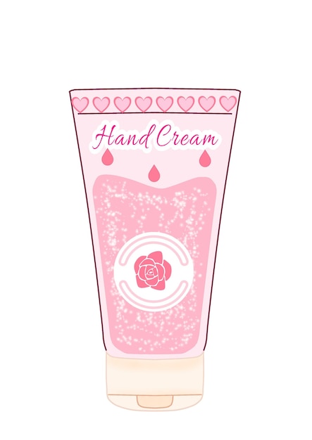 a pink bottle of hand cream with hearts on the bottom