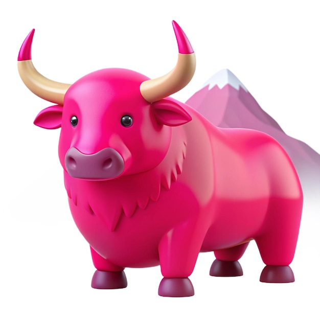 a pink bull statue with a mountain on the top