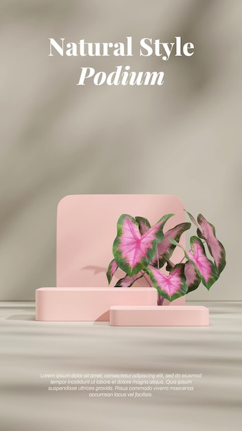 PSD pink burst caladium house plant 3d image render template mockup pink rectangle podium in portrait