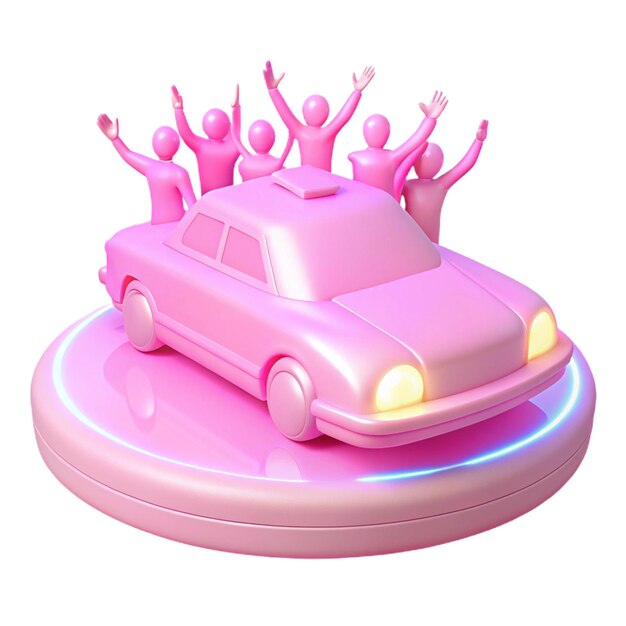 a pink car with people jumping in the air