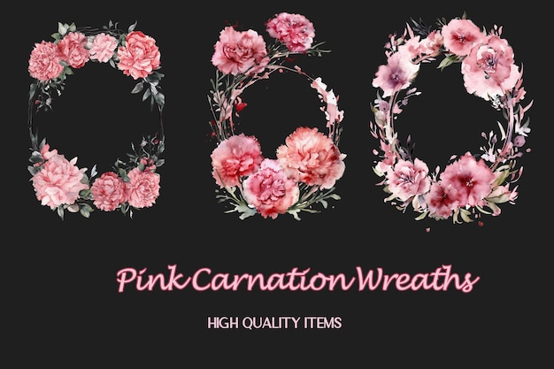 Pink carnation wreaths on a black background