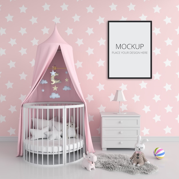 Pink child bedroom with frame mockup