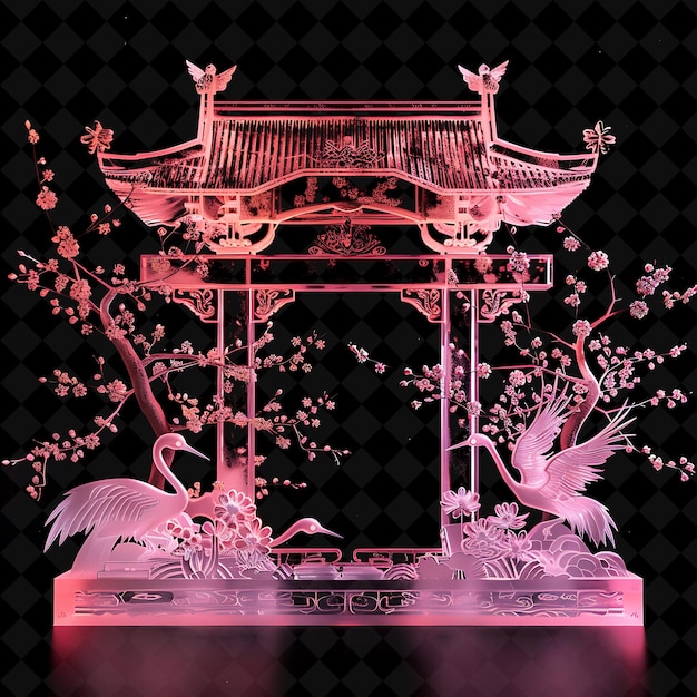 PSD a pink chinese pagoda with birds on it