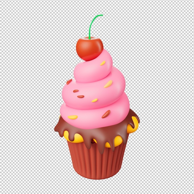 A pink cupcake with a cherry on top.