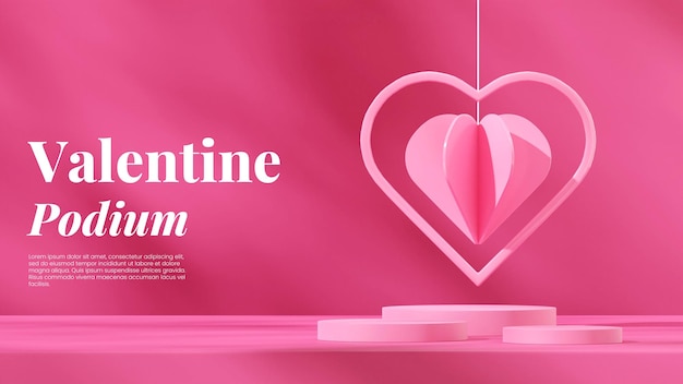 pink cylinder podium in landscape hanging heart shape background 3d render empty scene
