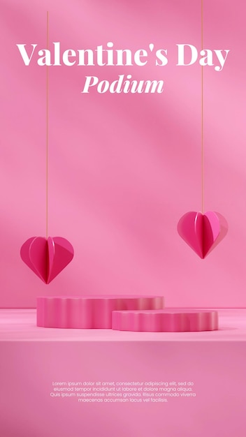 pink cylinder podium in portrait hanging heart shape decoration 3d image render template mockup