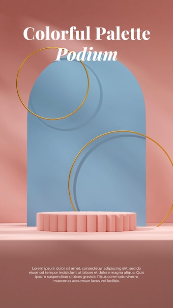 Pink cylinder podium in portrait with blue arch and gold ring 3d rendering mockup scene