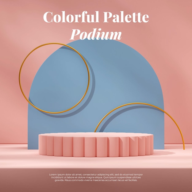 Pink cylinder podium in square with blue arch and gold ring 3d rendering mockup scene