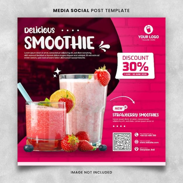 Pink Delicious Strawberry Smoothie Social Media Post Template