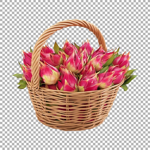 PSD pink dragon fruit in a basket on transparent background ai generated