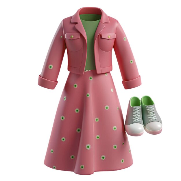 PSD a pink dress with green polka dots and a pink jacket with green polka dots