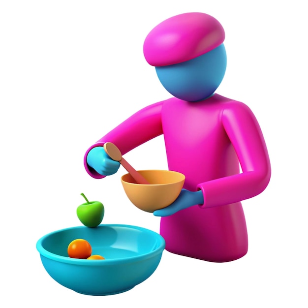 a pink figure with a bowl of fruit and a bowl of fruit